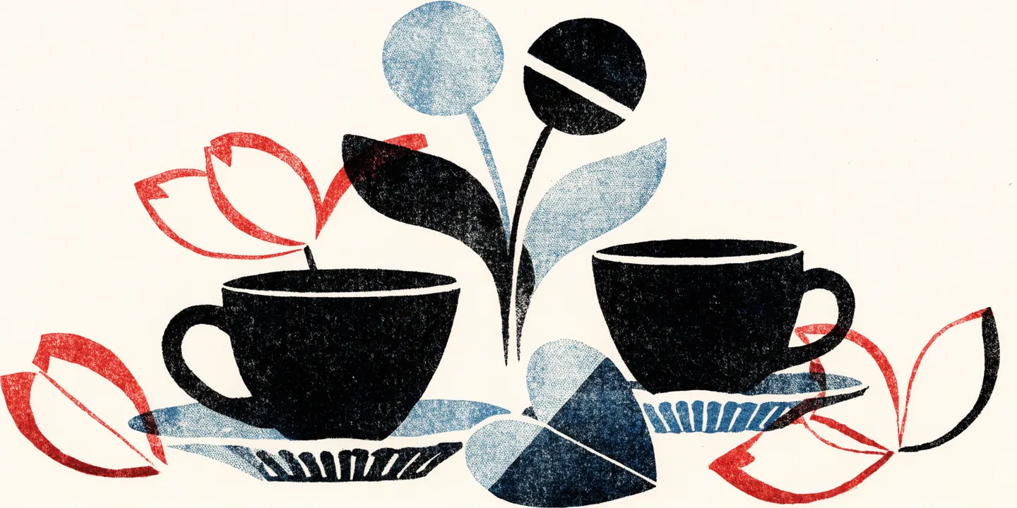 Illustration: tv\u00e5 kaffekoppar och hj\u00e4rtformat kaffebr\u00f6d med r\u00f6da tulpaner.