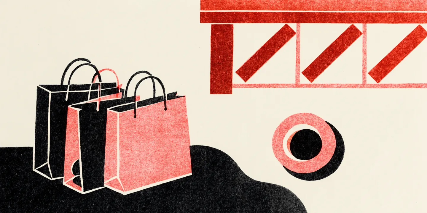 Illustration: kassar och prislapp p\u00e5 m\u00f6rk novembergata med skyltf\u00f6nster.