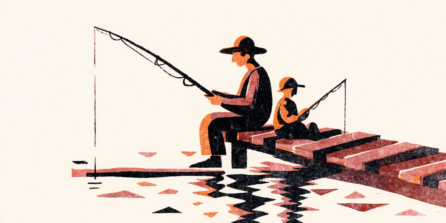 Illustration: far och barn fiskar fr\u00e5n tr\u00e4brygga i h\u00f6st.