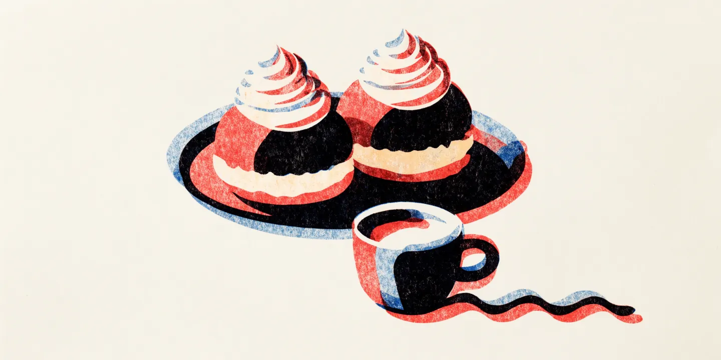Illustration: semlor med gr\u00e4dde och mandelmassa p\u00e5 tallrik bredvid kaffe.