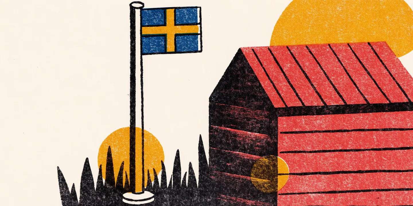 Illustration: h\u00f6g flaggst\u00e5ng med svensk flagga framf\u00f6r r\u00f6tt tr\u00e4hus.