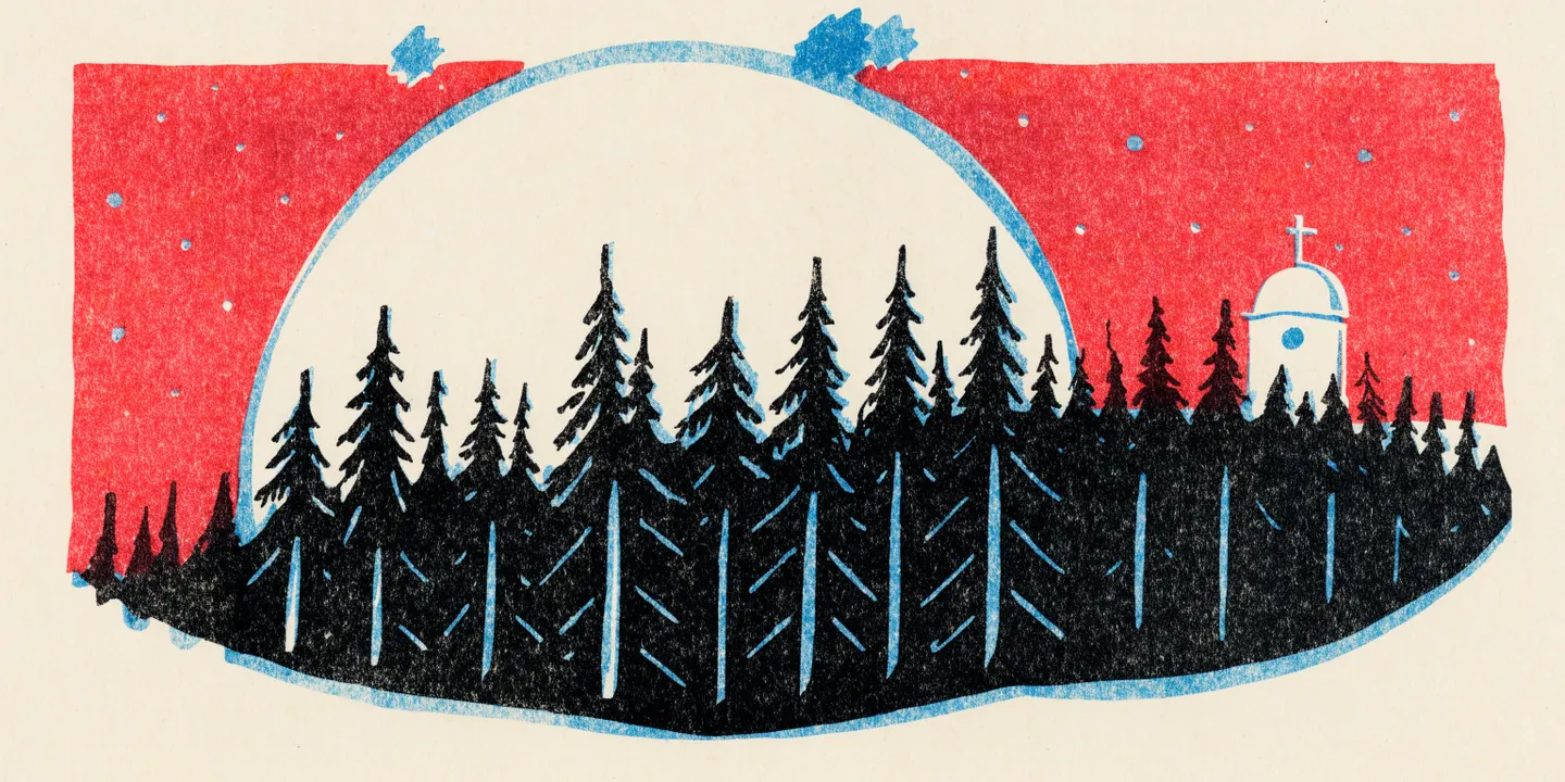 Illustration: stor blek fullm\u00e5ne stiger bakom kyrktorn och tallar.