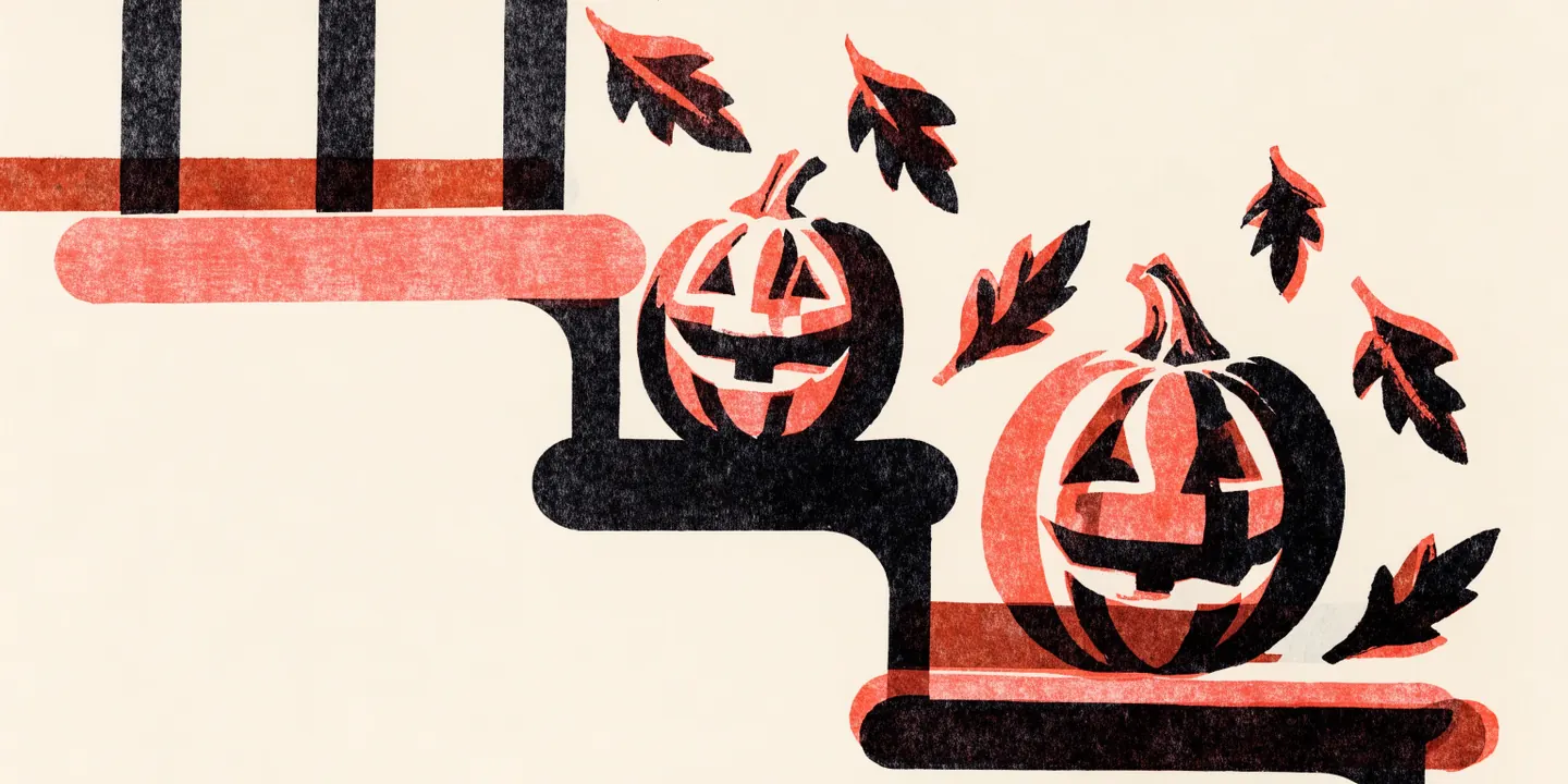 Illustration: utskurna pumpor p\u00e5 trappsteg i skymningen bland h\u00f6stl\u00f6v.