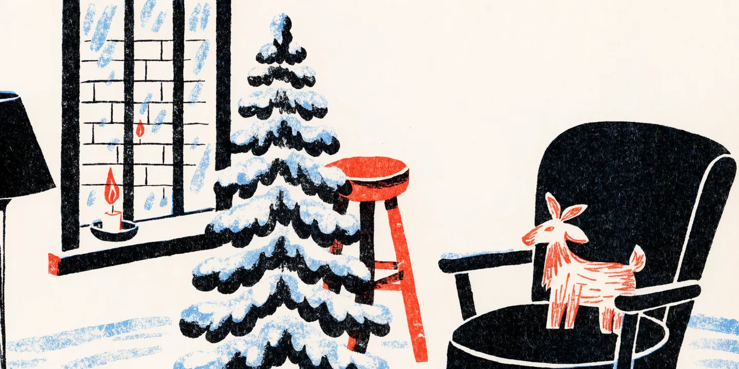 Illustration: svenskt vardagsrum p\u00e5 julafton med gran, julbock, ljus och sn\u00f6.