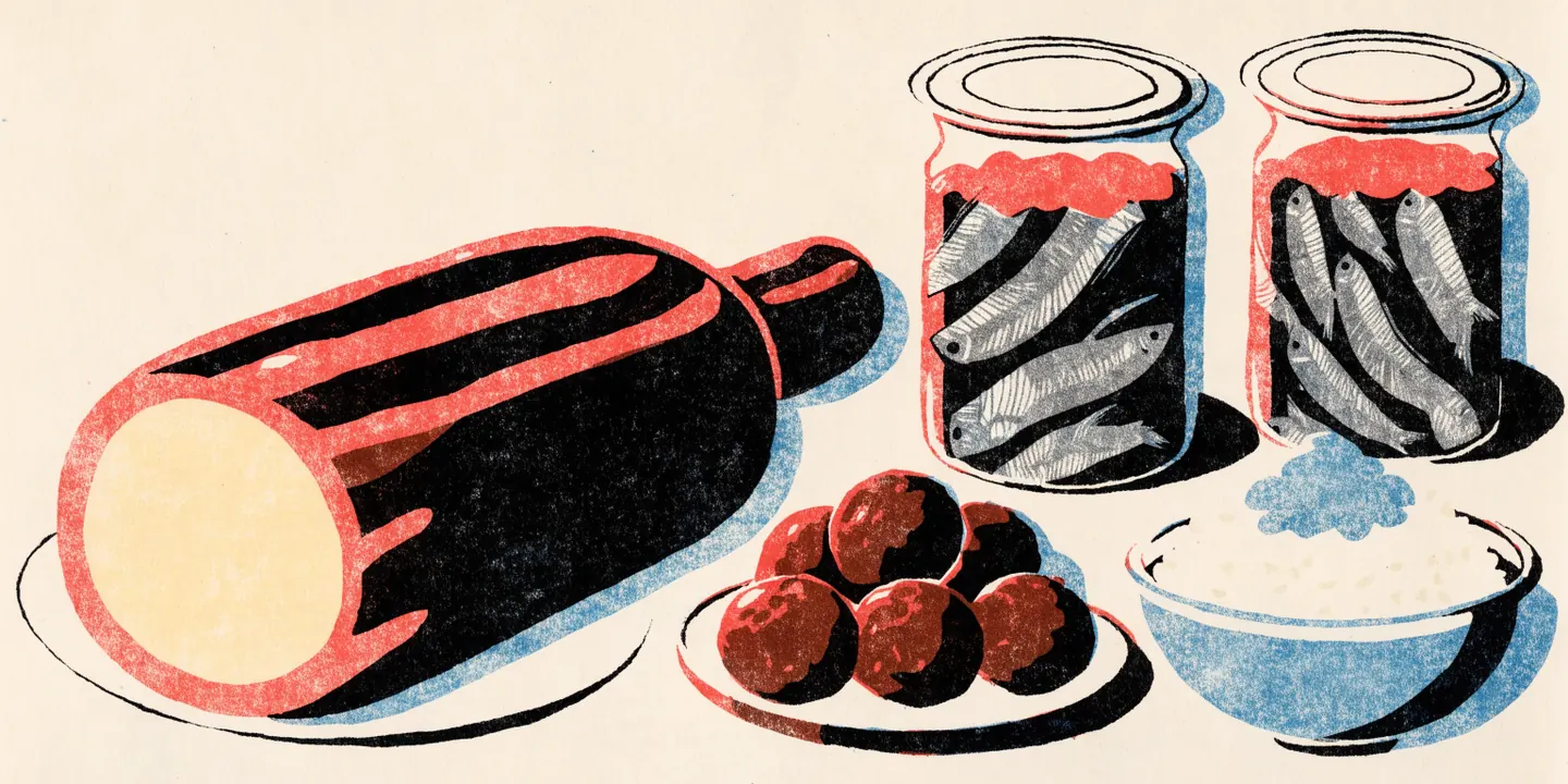 Illustration: julbord med skinka, sillburkar, k\u00f6ttbullar och risgrynsgr\u00f6t.