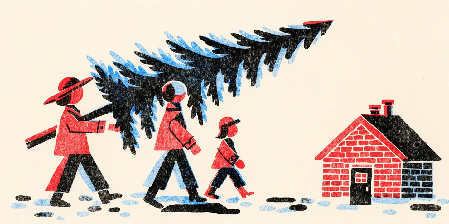 Illustration: familj b\u00e4r f\u00e4rsk gran genom sn\u00f6 mot r\u00f6tt hus.
