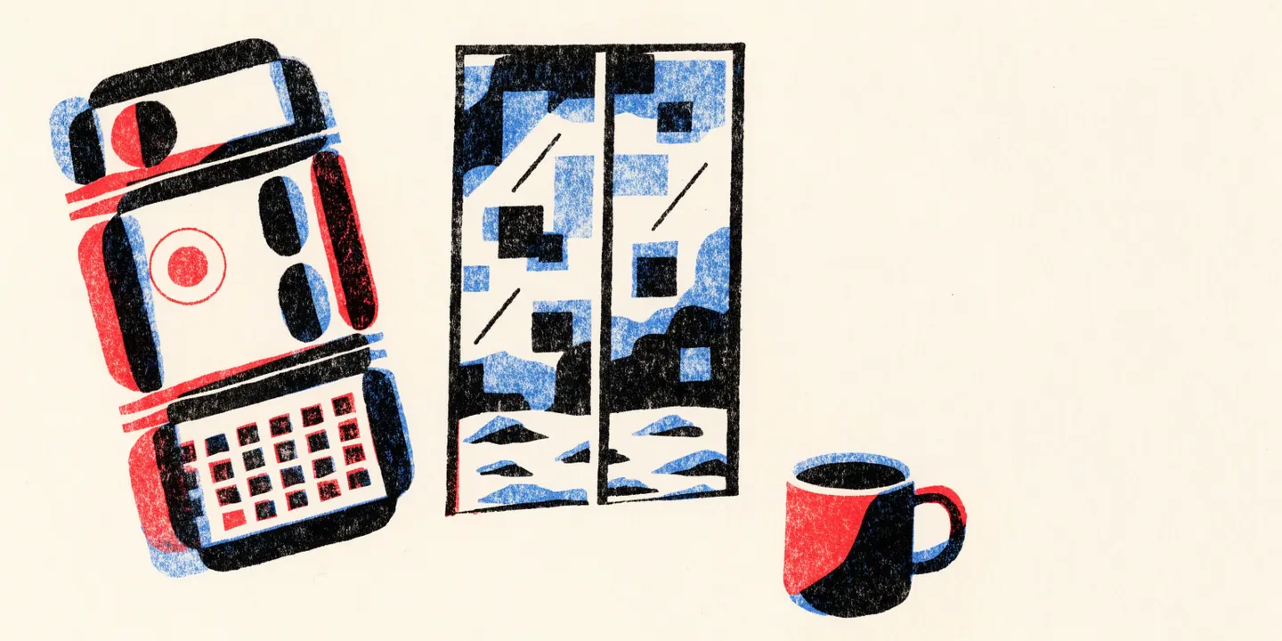 Illustration: v\u00e4ggkalender med r\u00f6dmarkerad dag vid sn\u00f6igt f\u00f6nster och kaffemugg.