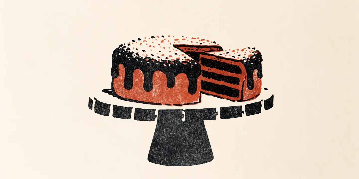 Illustration: kladdkaka med utskuren bit p\u00e5 t\u00e5rtfat, pudrad med florsocker.