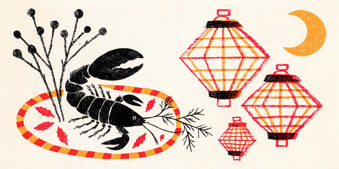 Illustration: r\u00f6da kr\u00e4ftor p\u00e5 fat med dill, lyktor och m\u00e5nsk\u00e4va.