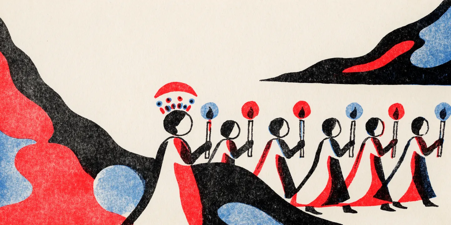 Illustration: barn i vita kjortlar med ljus i luciat\u00e5g, m\u00f6rk vintermorgon.