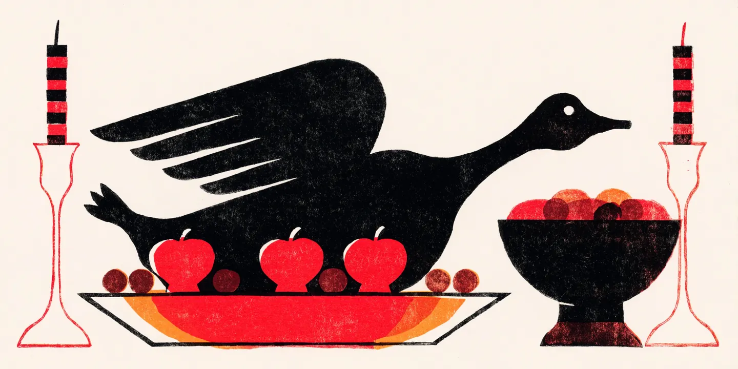 Illustration: stekt g\u00e5s med \u00e4pplen och katrinplommon, svartsoppsk\u00e5l, ljus.