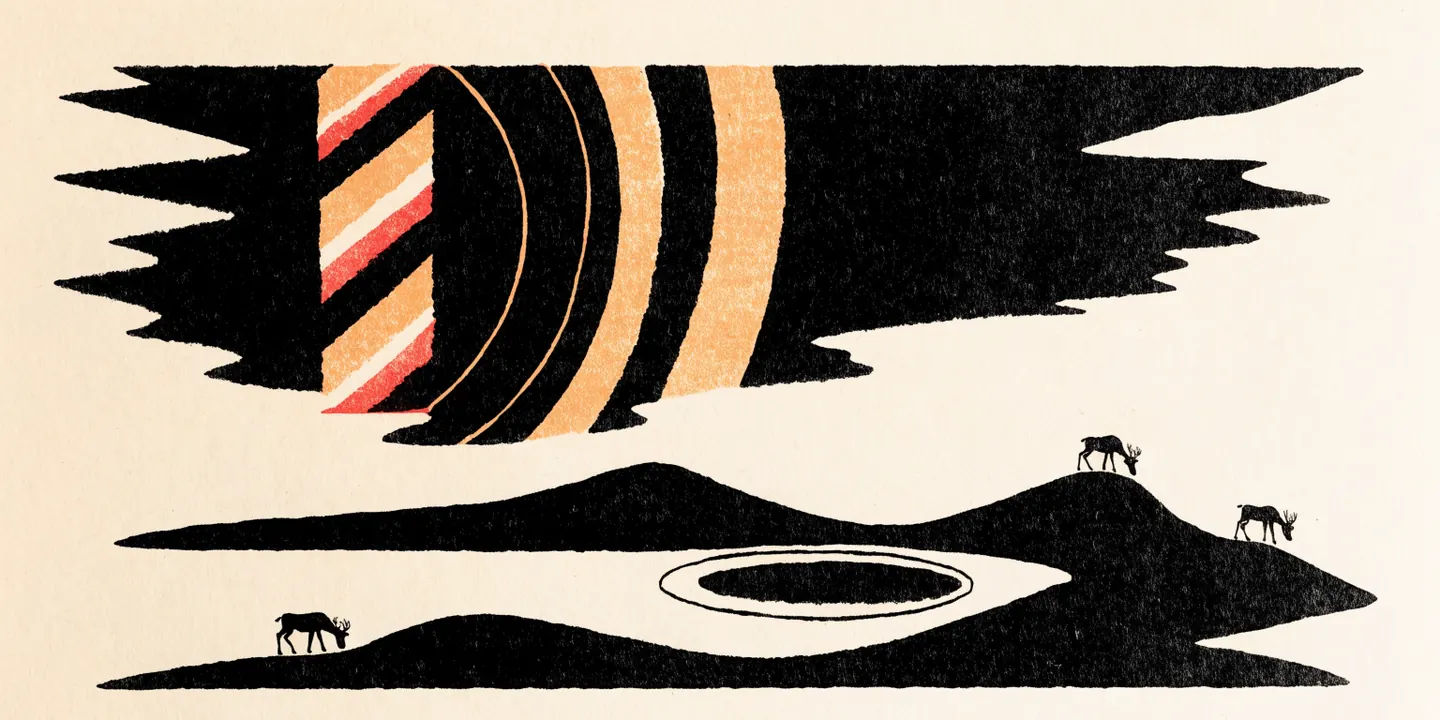 Illustration: midnattssol \u00f6ver fj\u00e4llsj\u00f6 i Lappland med renar i silhuett.