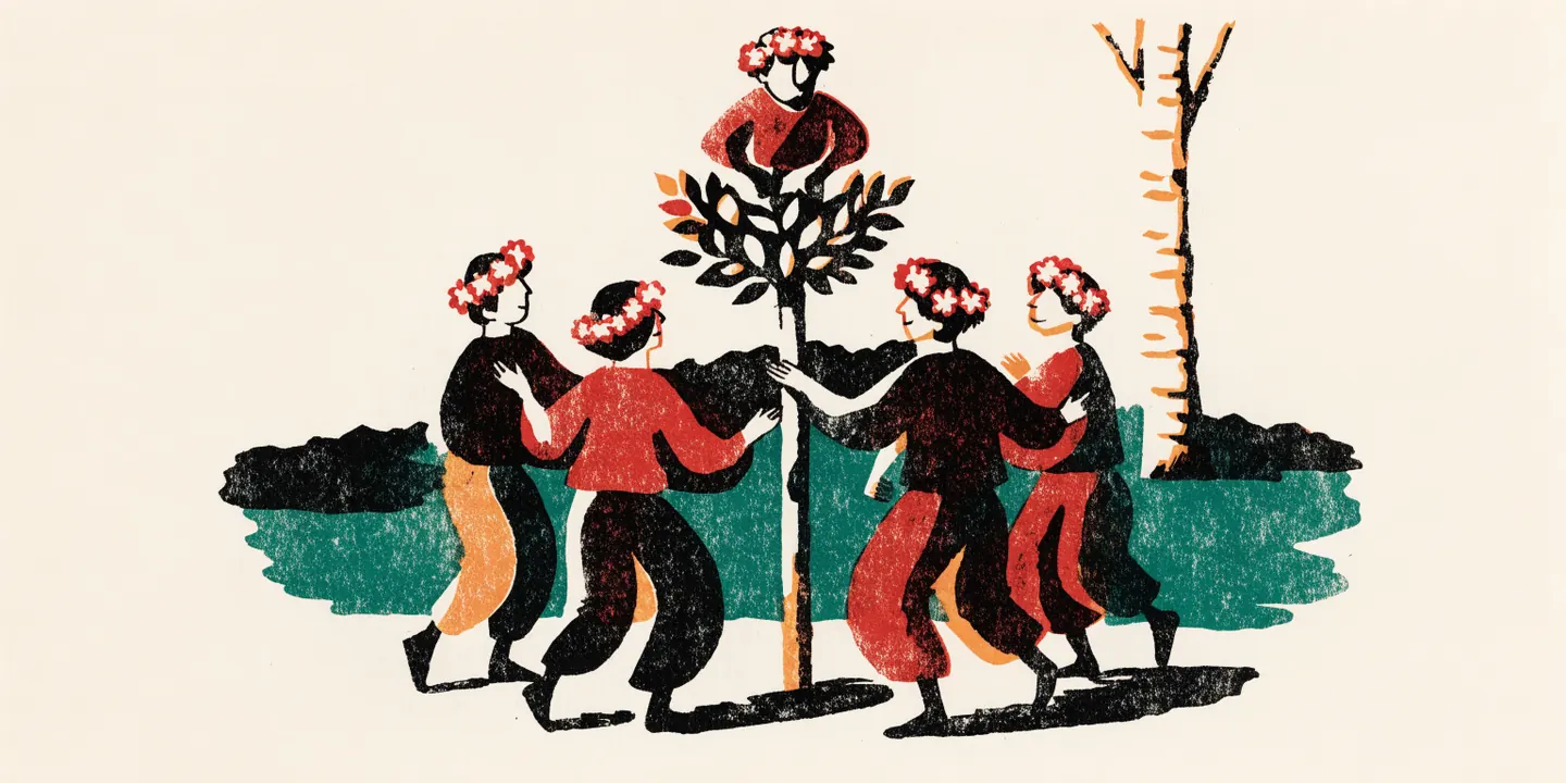 Illustration: folk dansar kring majst\u00e5ng p\u00e5 \u00e4ng med blomsterkransar och bj\u00f6rk.