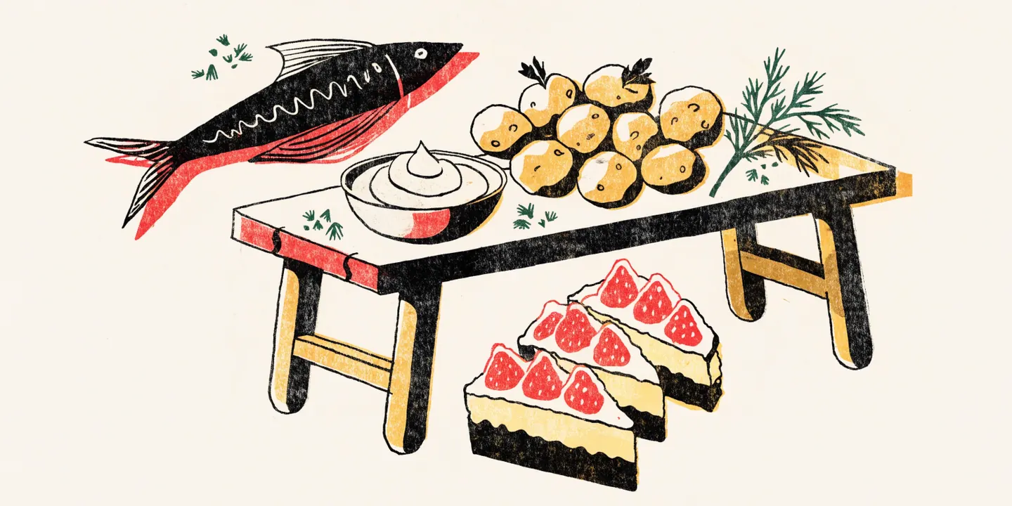 Illustration: f\u00e4rskpotatis med dill, sill, gr\u00e4ddfil och jordg\u00e5bbst\u00e5rta p\u00e5 tr\u00e4d\u00e4rd.