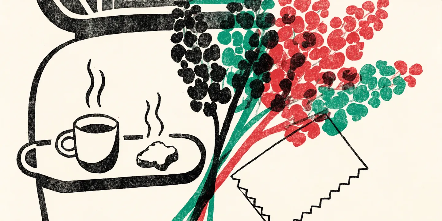Illustration: frukostbricka i s\u00e4ng med kaffe, syrener och hemgjort kort.