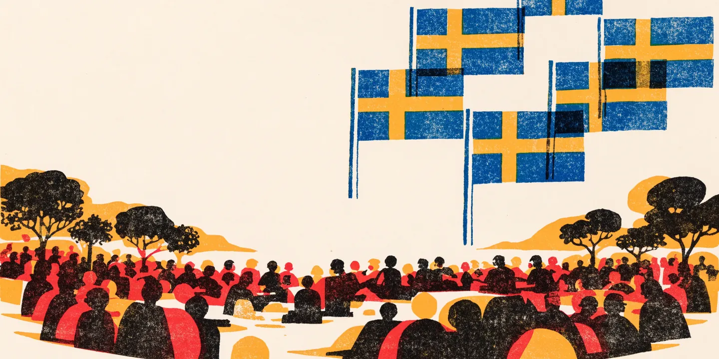 Illustration: bl\u00e5gula svenska flaggor vajar \u00f6ver folkm\u00e4ngd i sommarpark.