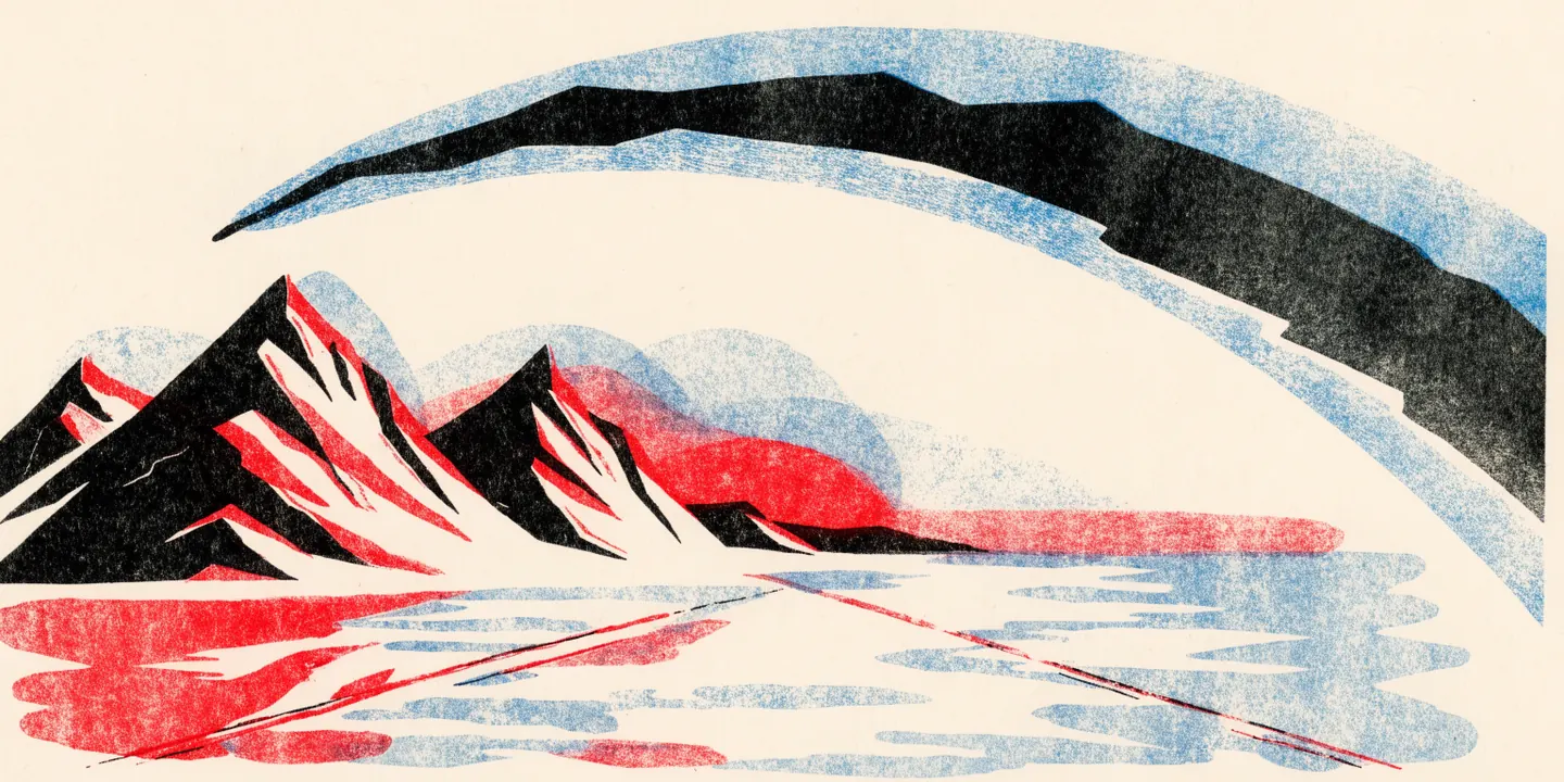 Illustration: gr\u00f6nt och violett norrsken \u00f6ver sn\u00f6iga fj\u00e4ll och frusen sj\u00f6.