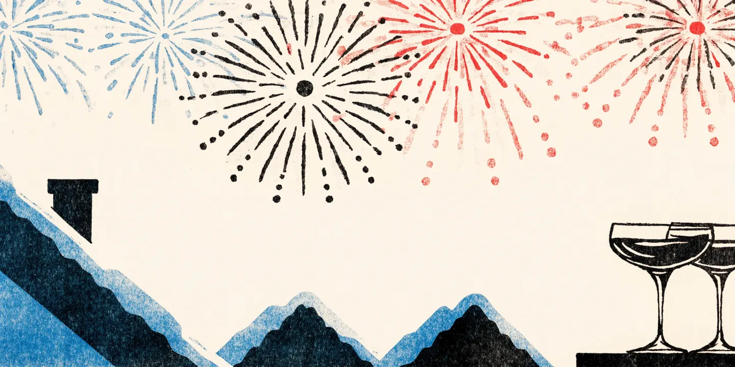 Illustration: fyrverkeri \u00f6ver sn\u00f6iga tak vid midnatt, champagneglas p\u00e5 f\u00f6nsterbr\u00e4da.
