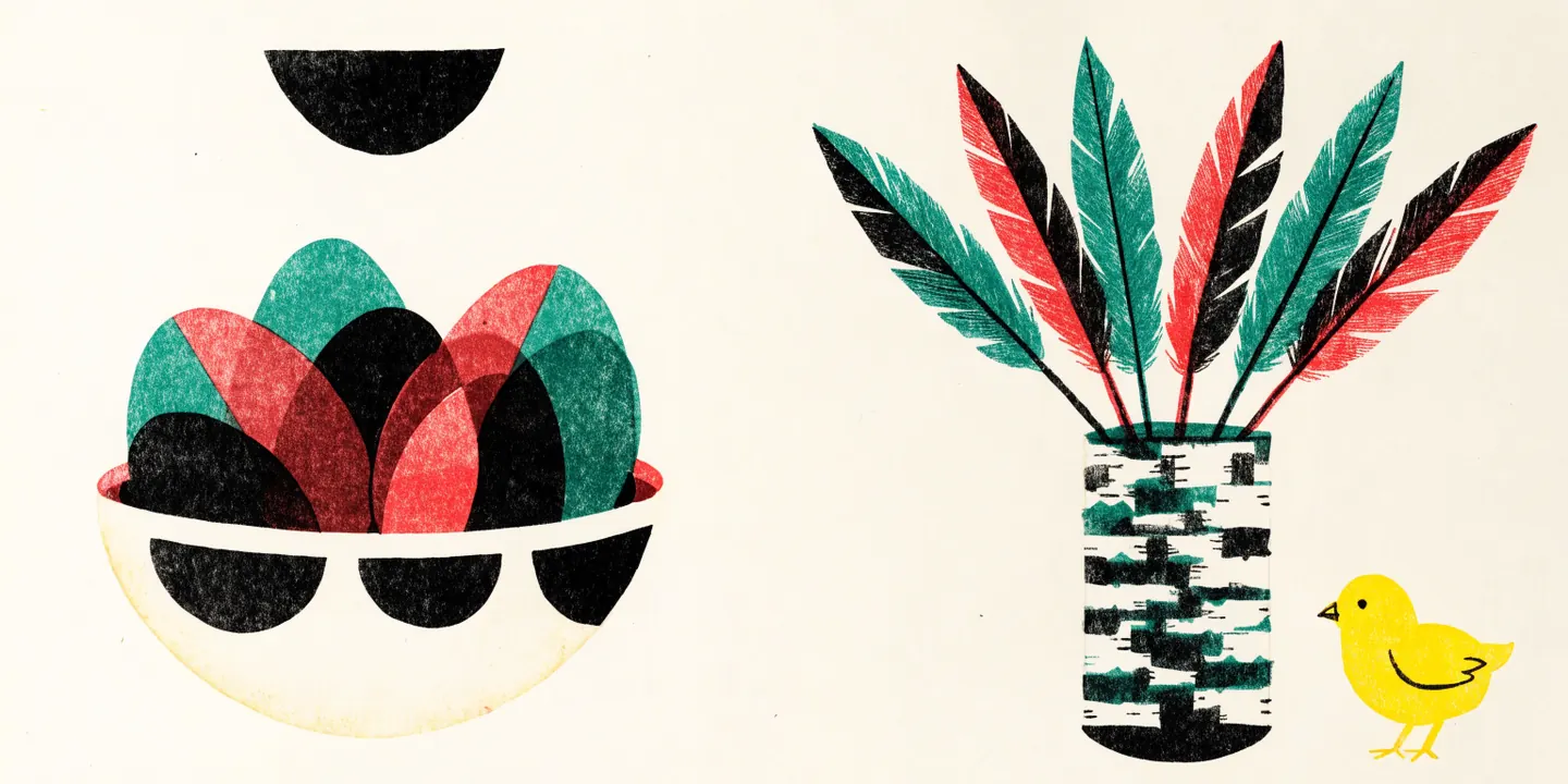 Illustration: m\u00e5lade \u00e4gg i sk\u00e5l, p\u00e5skris med fj\u00e4drar och liten gul kyckling.