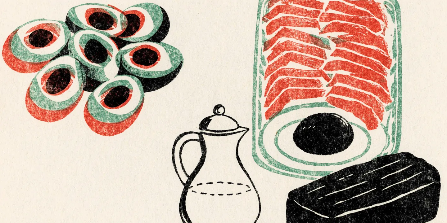 Illustration: p\u00e5skbord med \u00e4gg, lax, sill och tillbringare p\u00e5skmust.