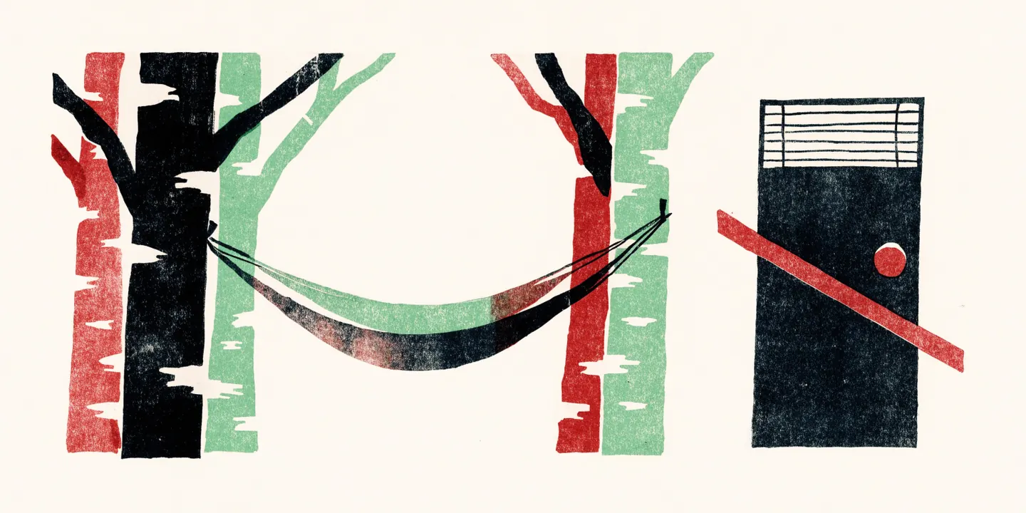 Illustration: h\u00e4ngmatta mellan bj\u00f6rkar och skylt st\u00e4ngt, avslappnad helg.