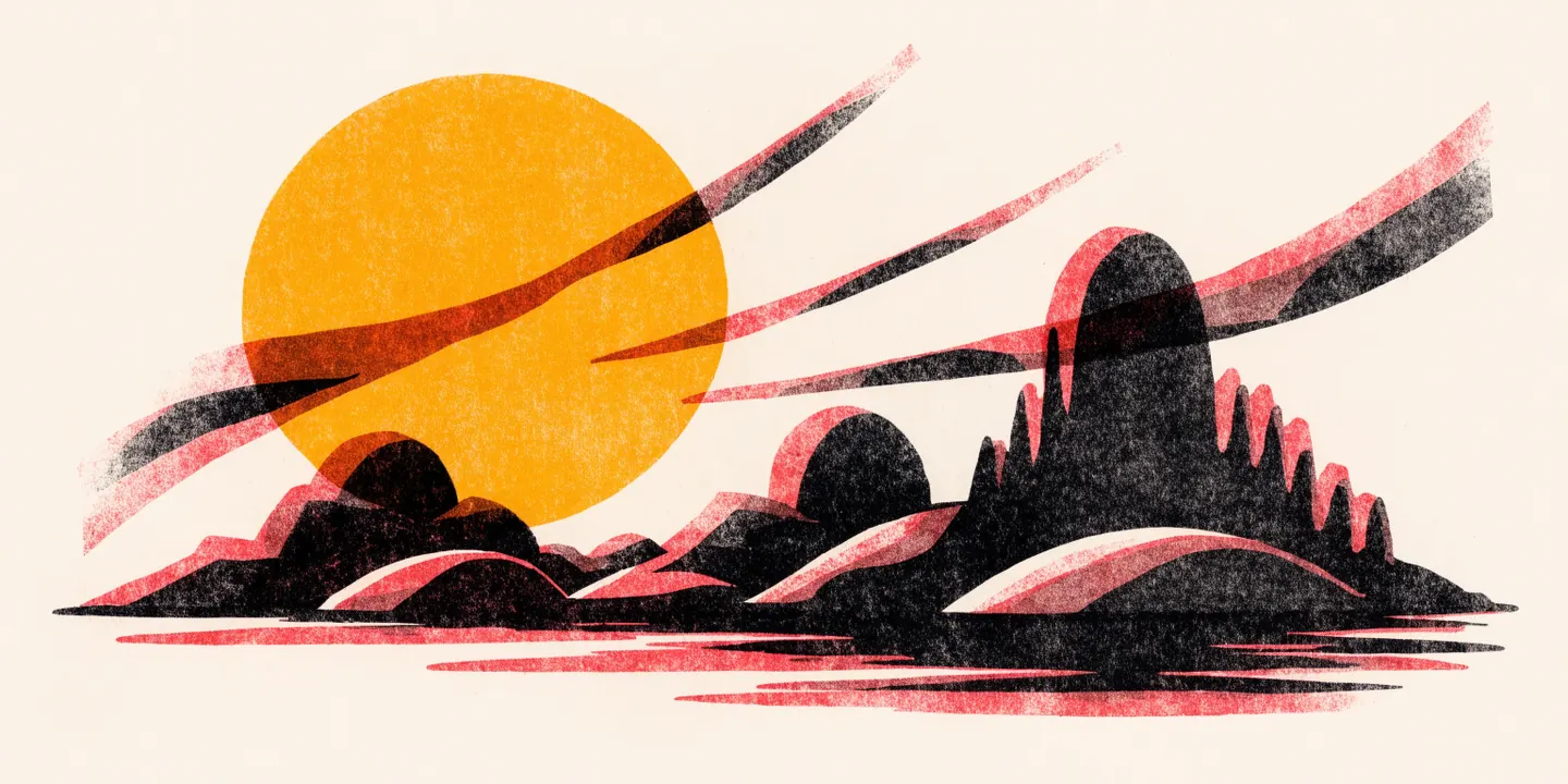 Illustration: midnattssol l\u00e5gt \u00f6ver havet vid sk\u00e4rg\u00e5rd med sl\u00e4ta klippor.