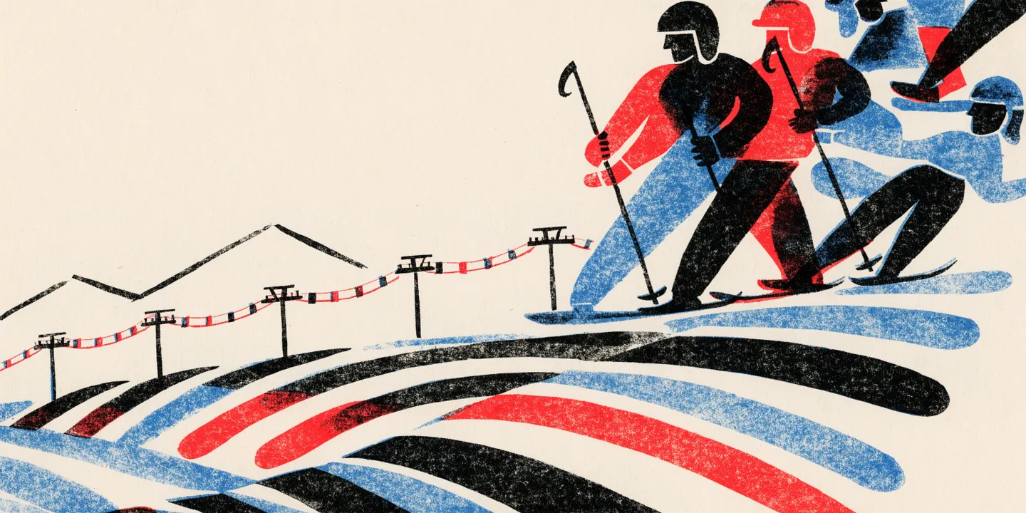 Illustration: barn \u00e5ker skidor och k\u00e4lke i sn\u00f6backe med skidlift.