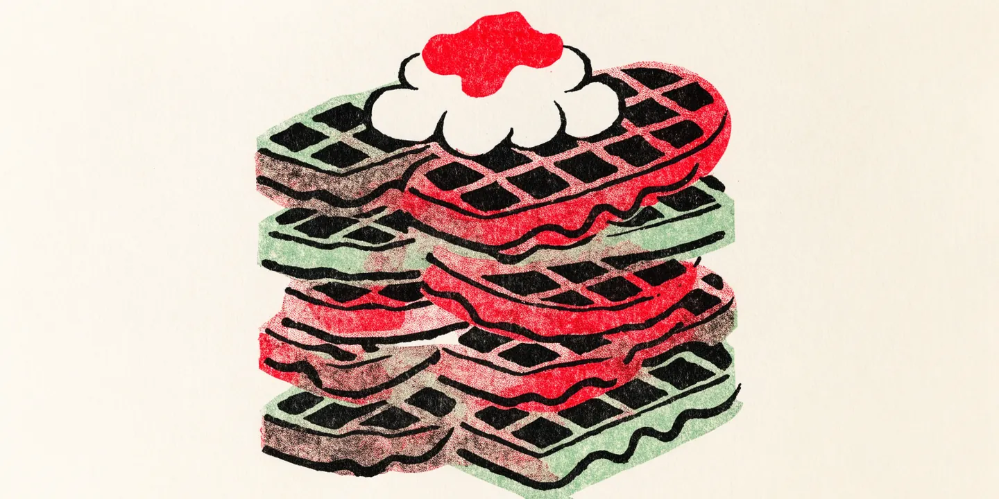 Illustration: hj\u00e4rtformade v\u00e5fflor med jordgubbsmarmelad och gr\u00e4dde i trave.