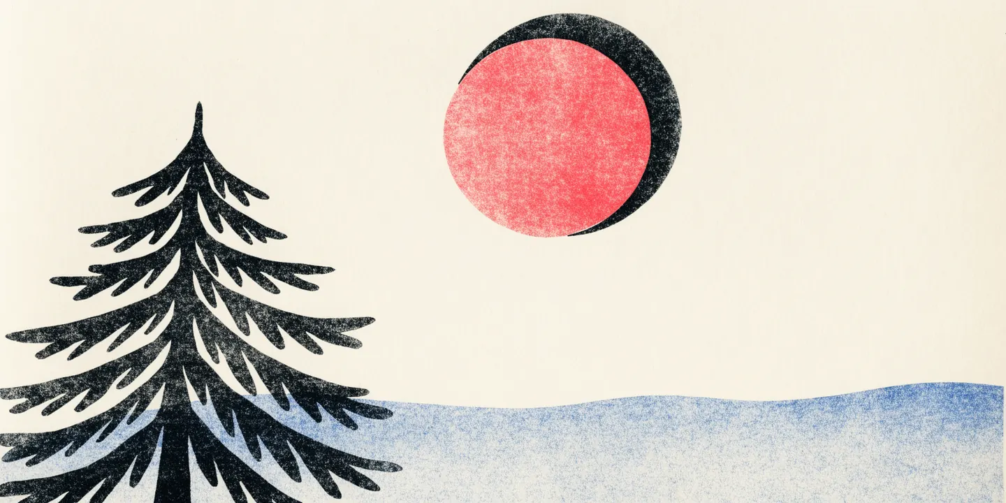 Illustration: l\u00e5g r\u00f6d vintersol mitt p\u00e5 dagen \u00f6ver sn\u00f6f\u00e4lt och enslig tall.